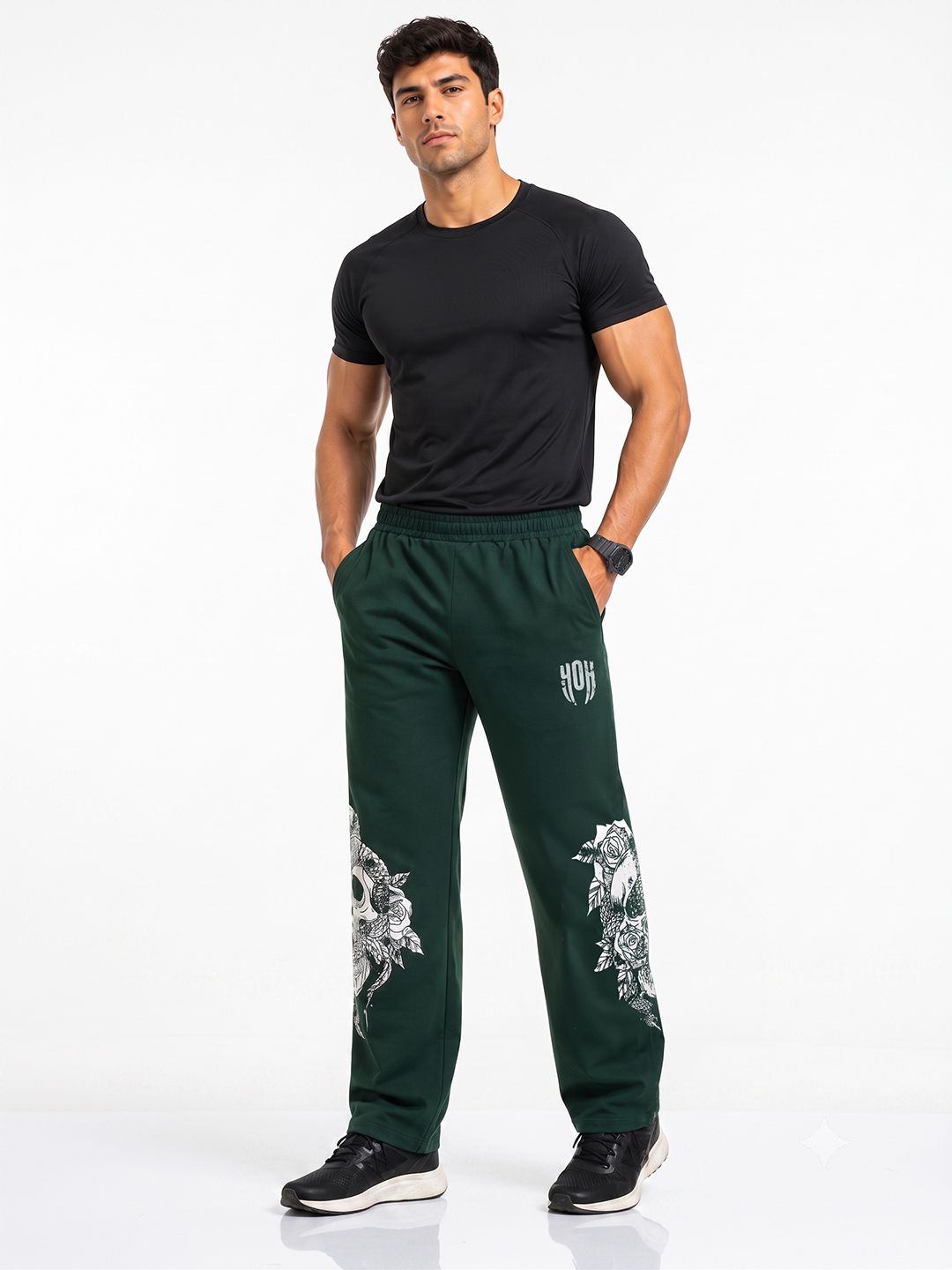 SkullBloom Loose Fit Track Pants (Deep Green)
