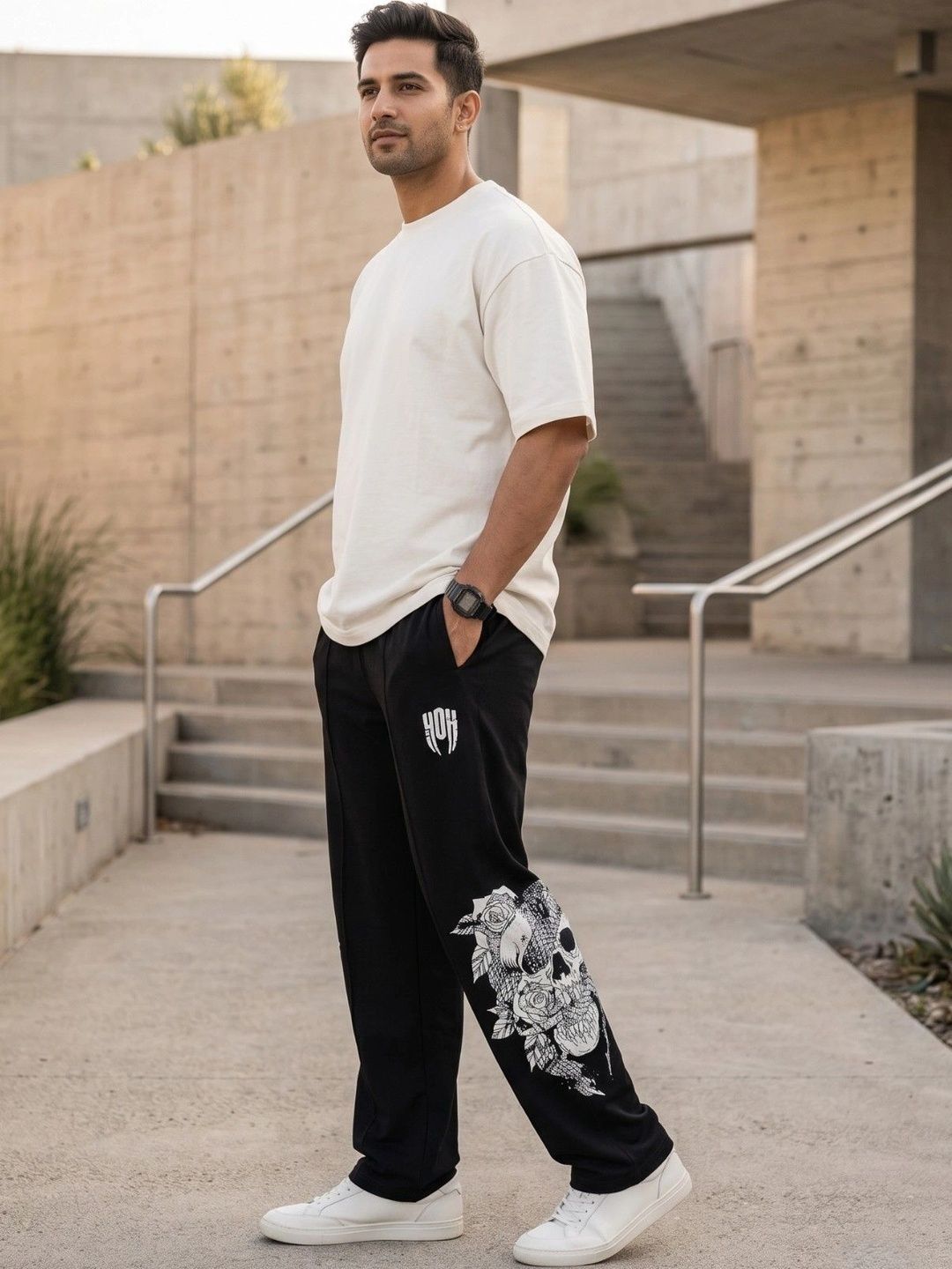 SkullBloom Loose Fit Track Pants (Black)