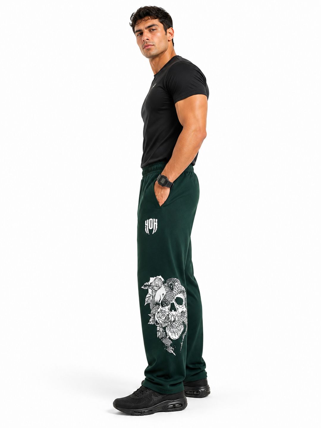SkullBloom Loose Fit Track Pants (Deep Green)