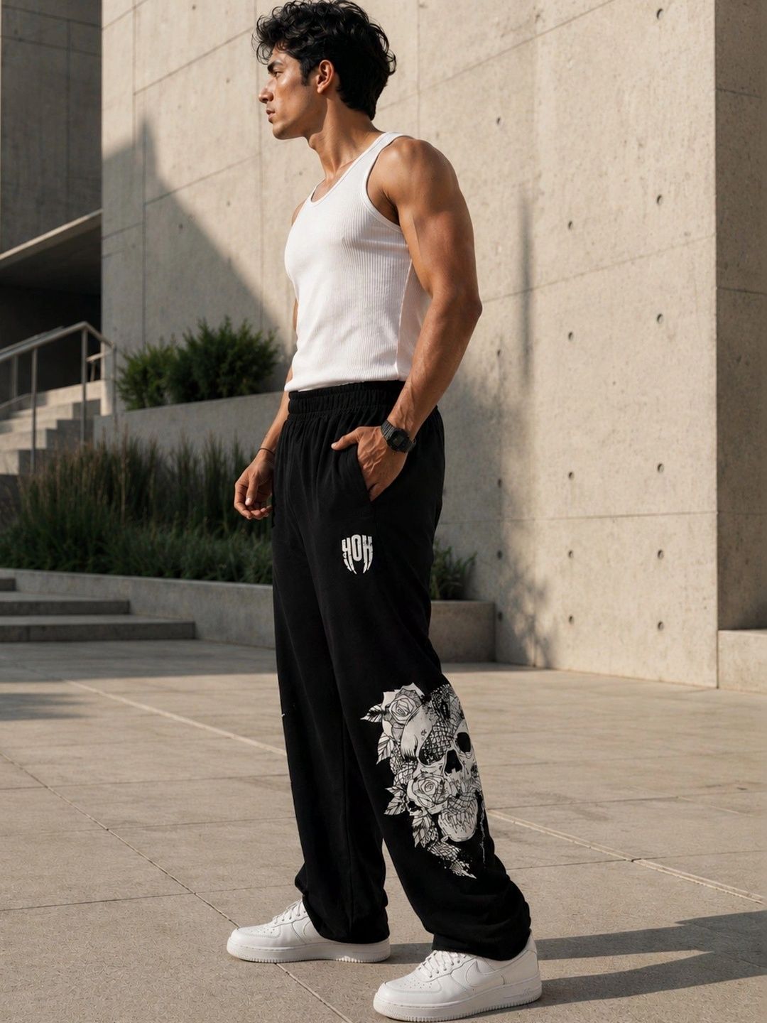 SkullBloom Loose Fit Track Pants (Black)