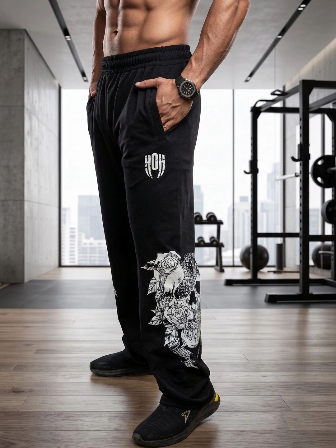 SkullBloom Loose Fit Track Pants (Black)
