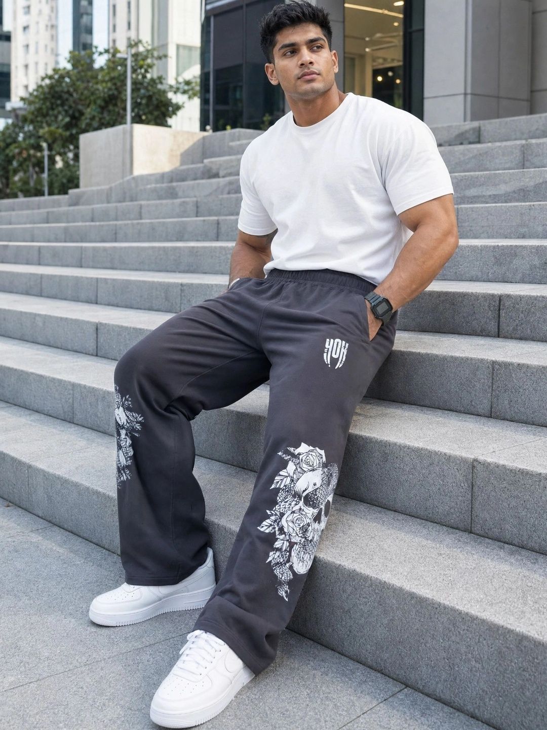 SkullBloom Loose Fit Track Pants (Grey)
