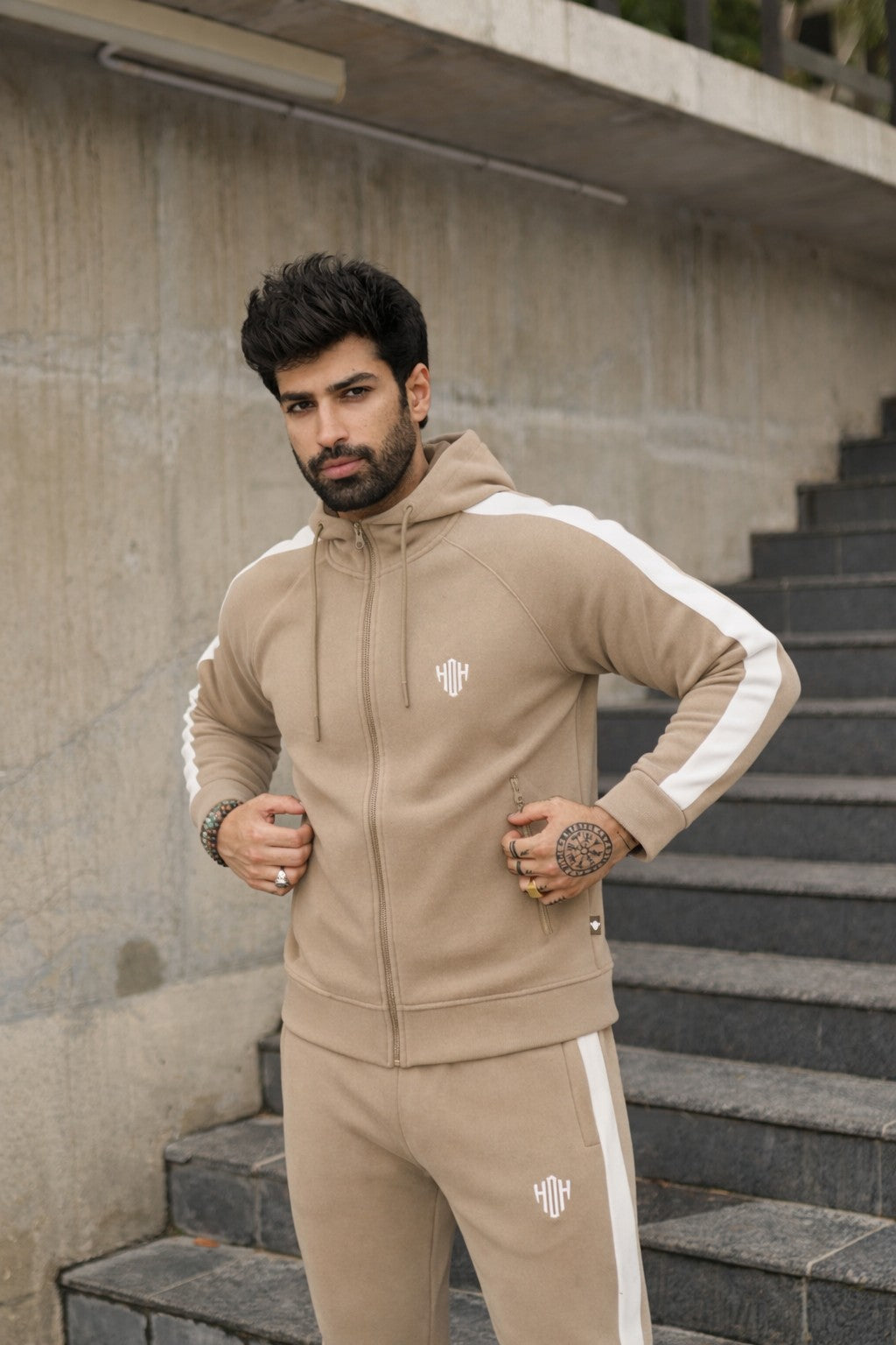 Slim Fit Tracksuit - Fawn & White