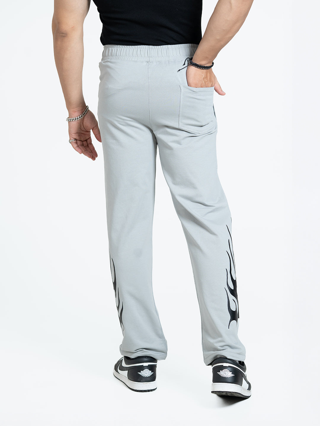 Flames Loose Fit Track Pants (Light Grey)