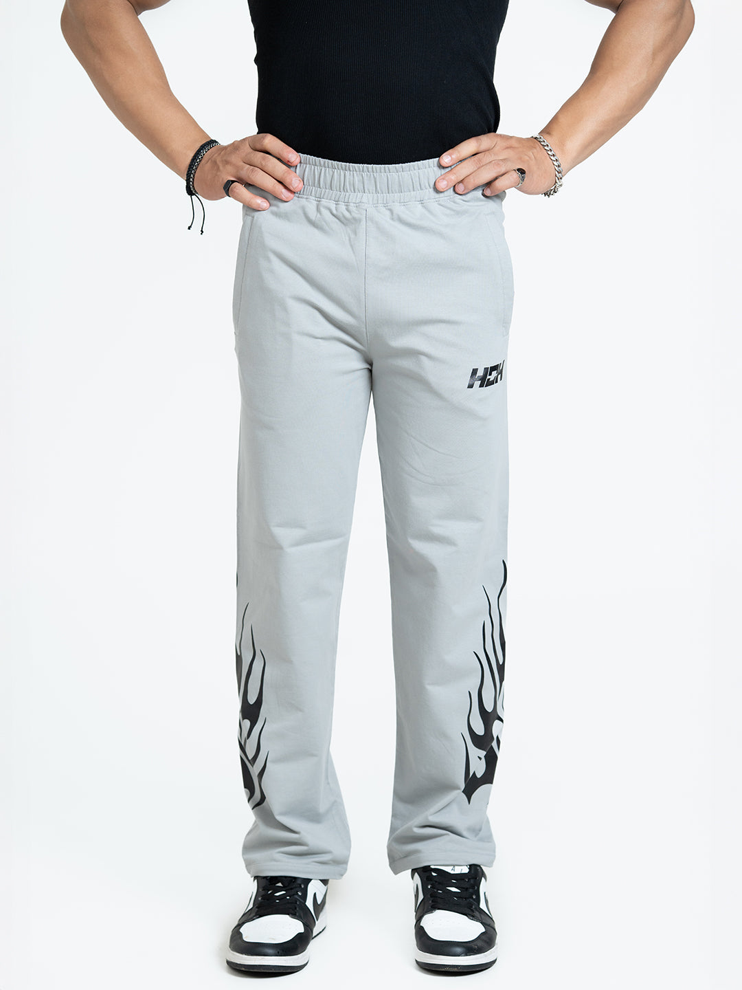 Flames Loose Fit Track Pants (Light Grey)