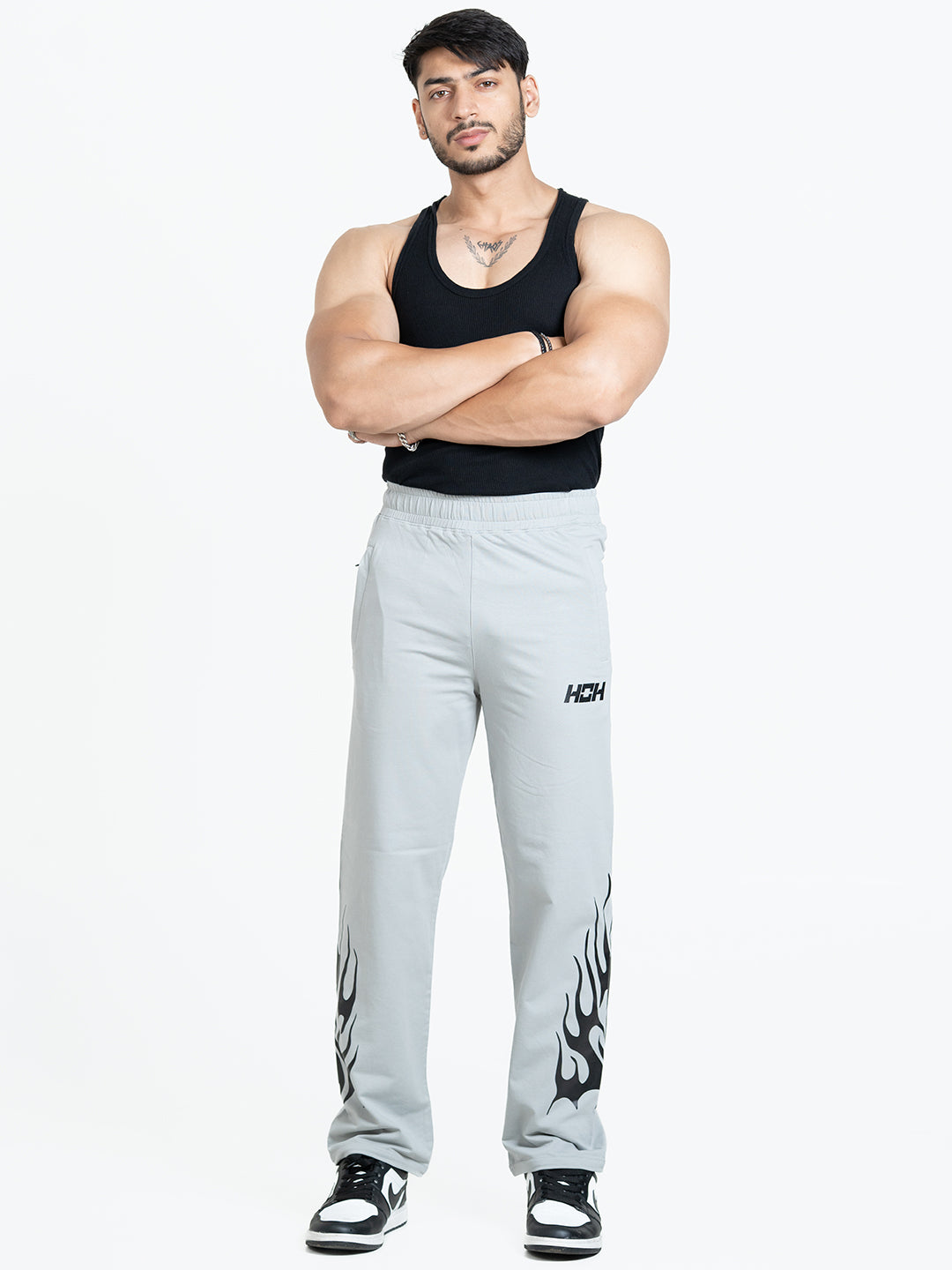 Flames Loose Fit Track Pants (Light Grey)