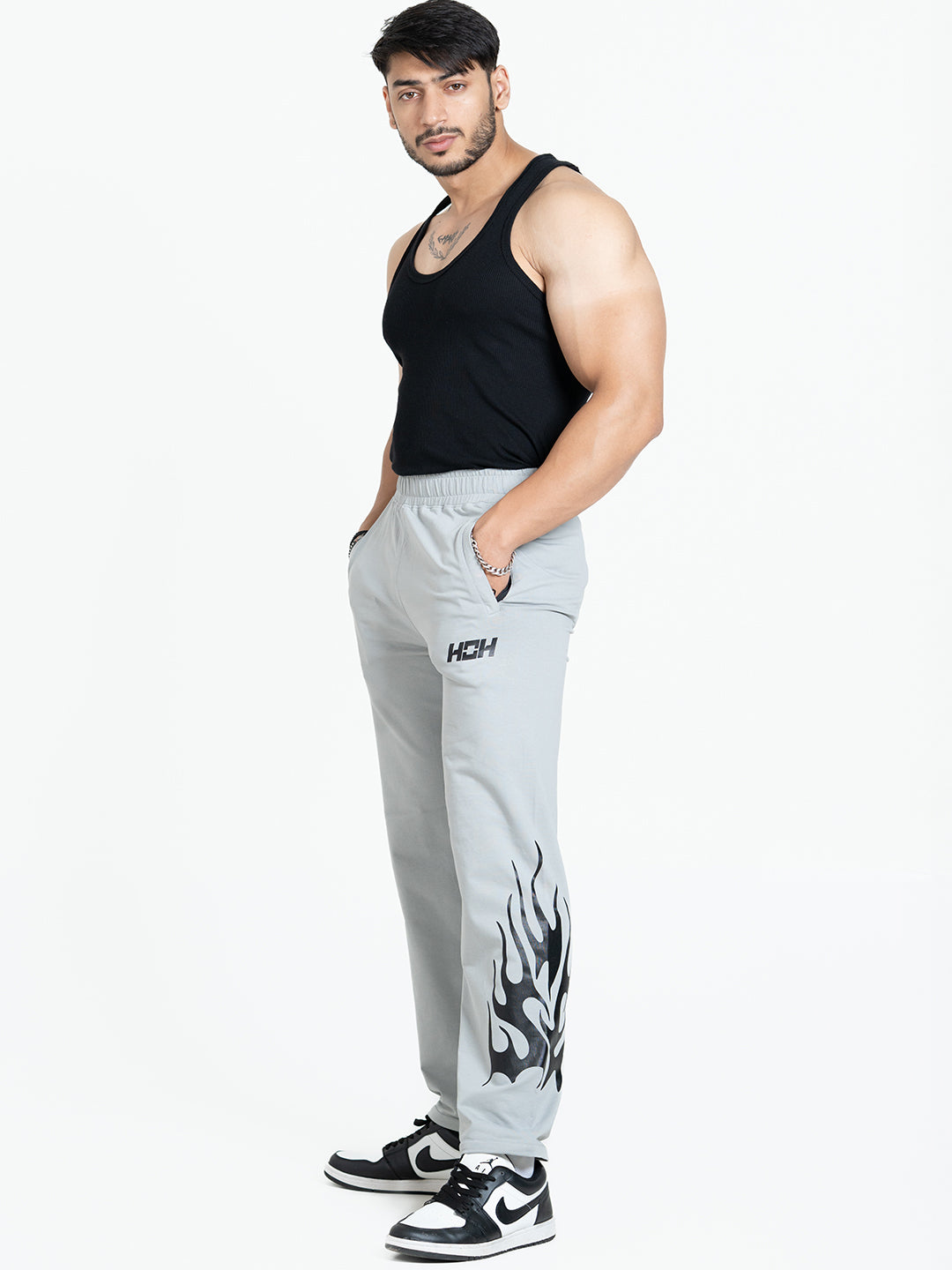 Flames Loose Fit Track Pants (Light Grey)