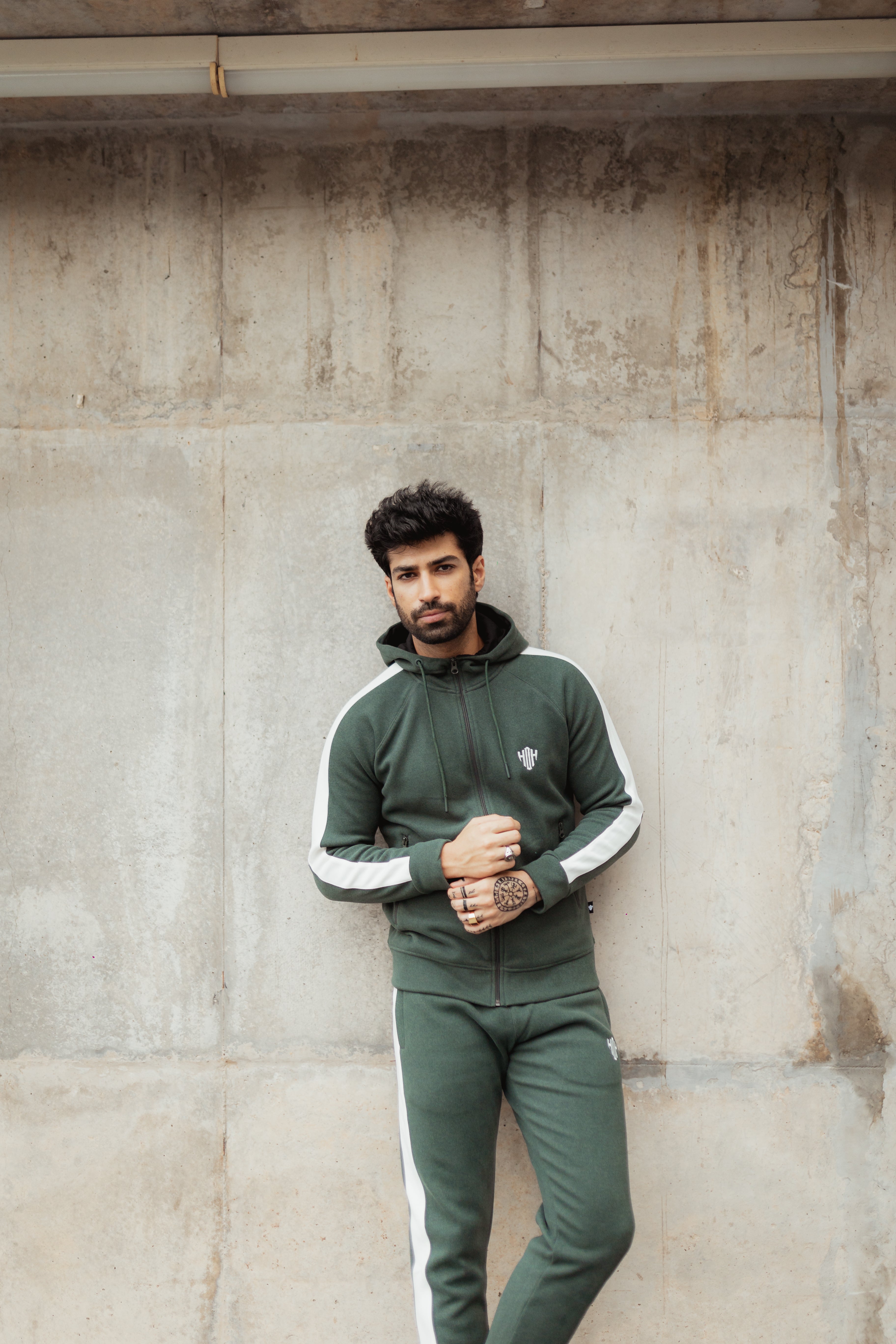 Slim Fit Tracksuit - Bottle Green & Cream