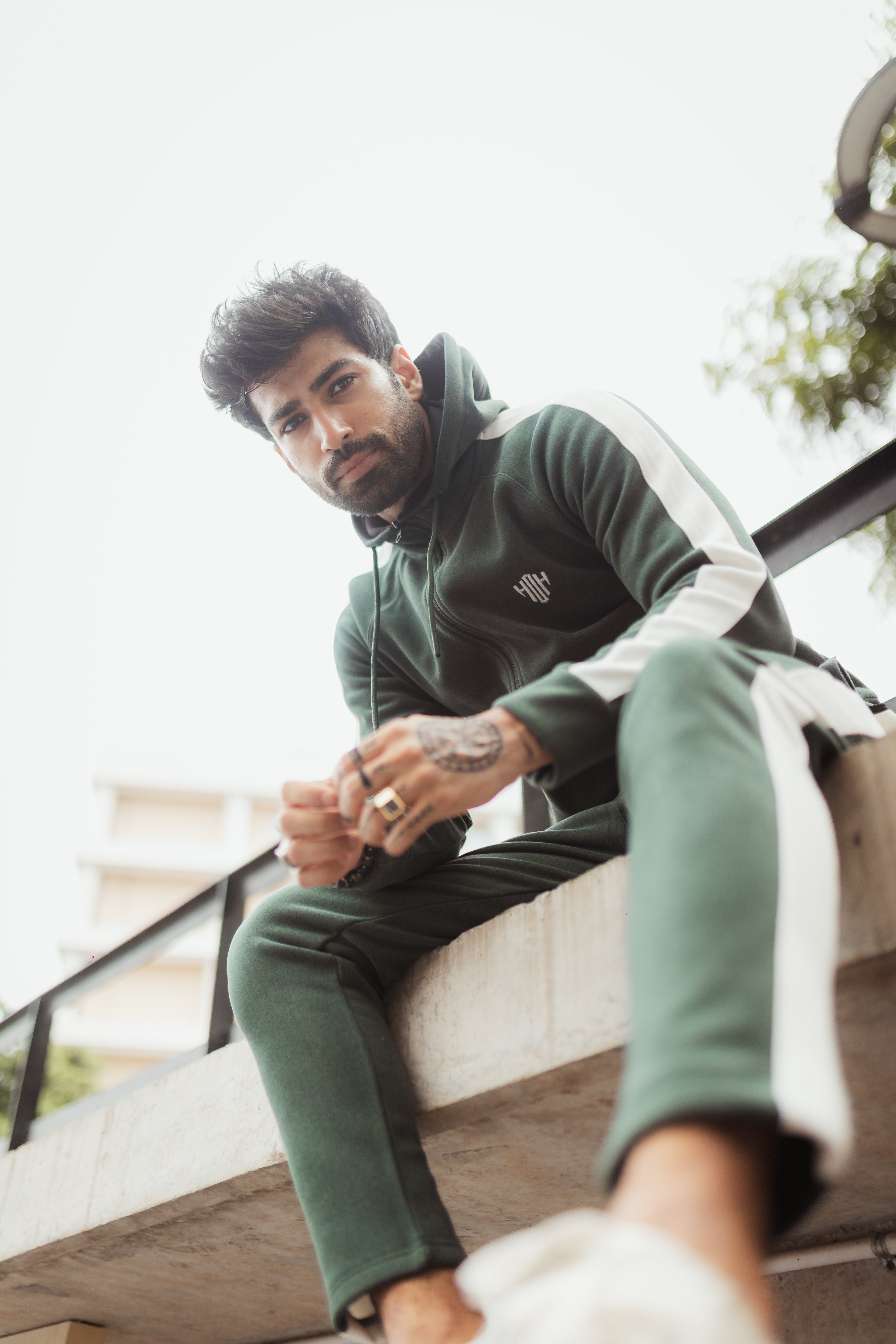 Slim Fit Tracksuit - Bottle Green & Cream