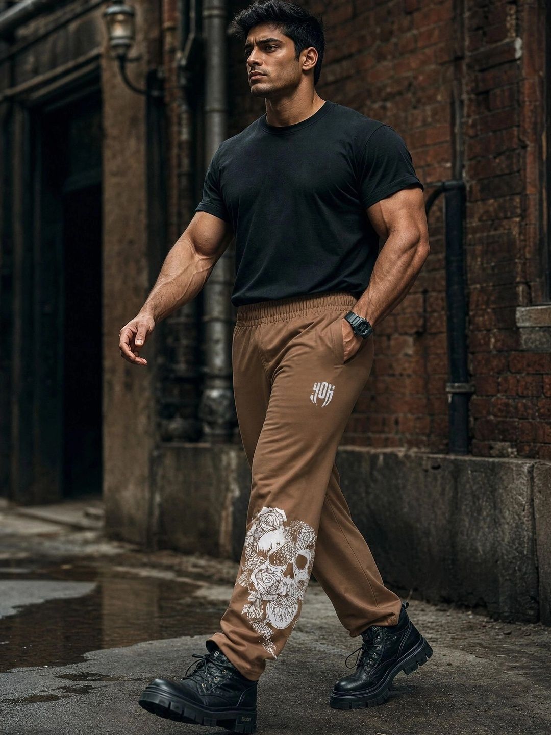 SkullBloom Loose Fit Track Pants (Brown)
