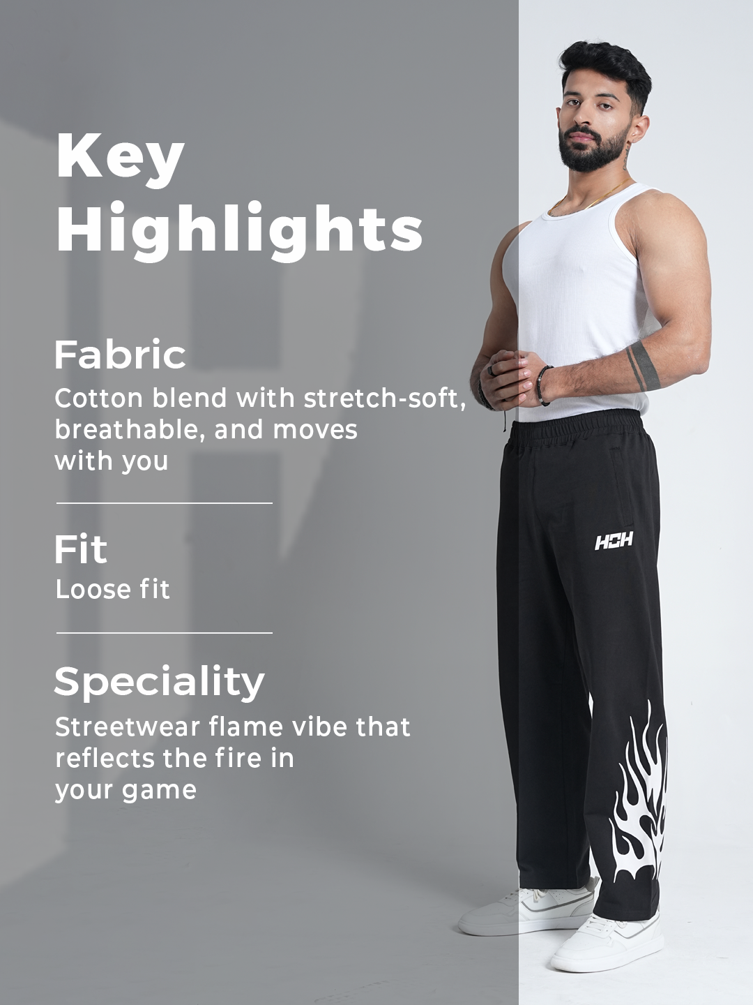 Flames Loose Fit Track Pants (Light Grey)