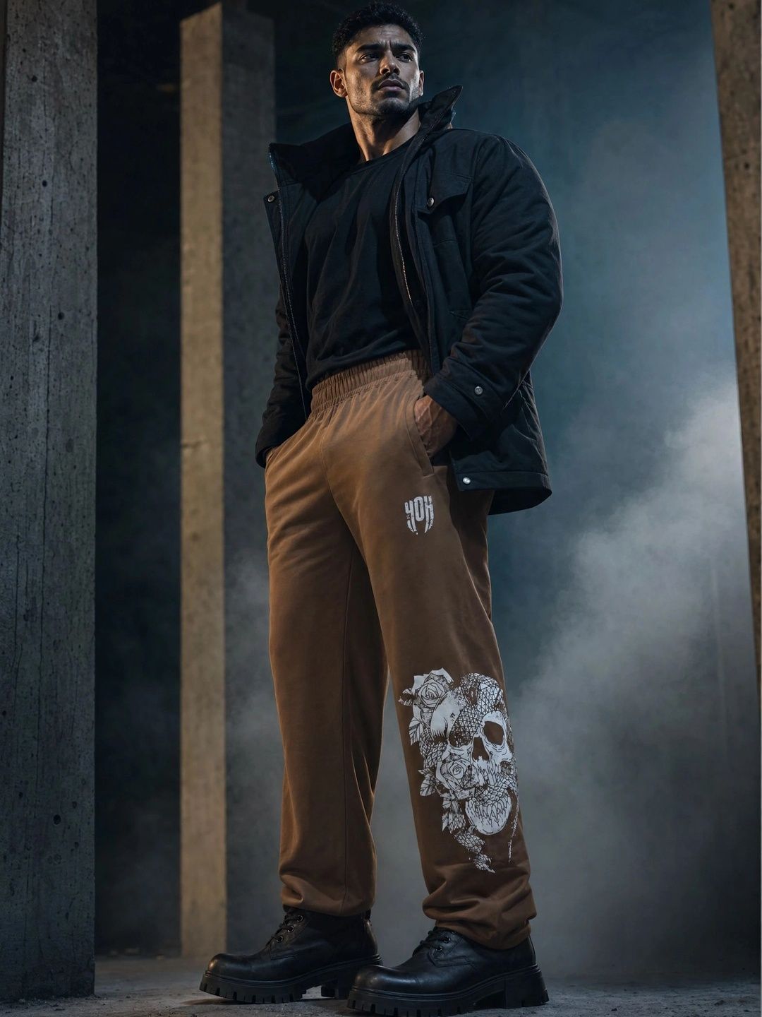 SkullBloom Loose Fit Track Pants (Brown)