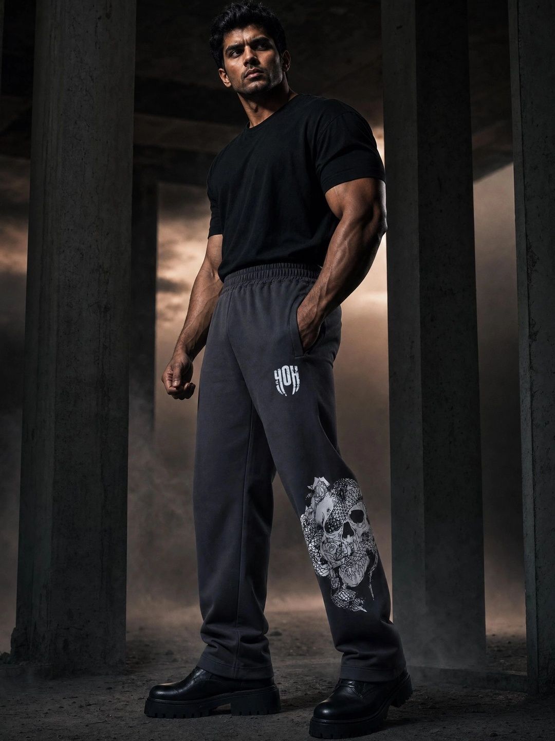 SkullBloom Loose Fit Track Pants (Grey)