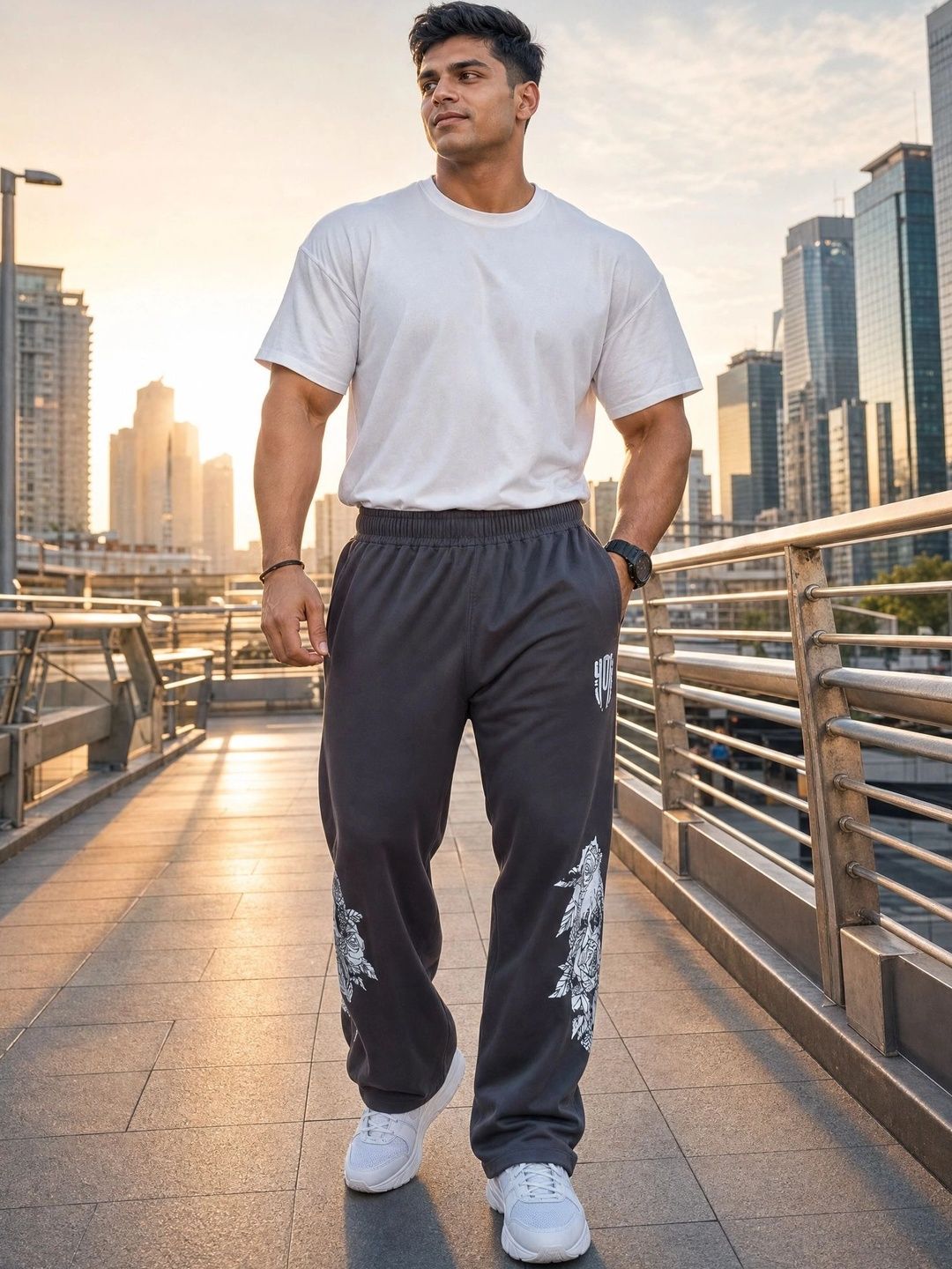 SkullBloom Loose Fit Track Pants (Grey)